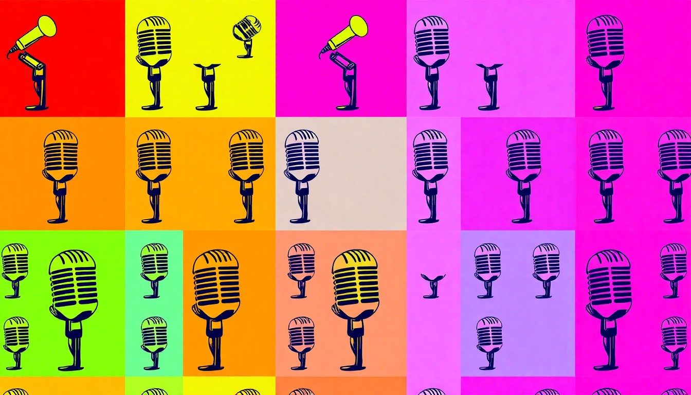 A brightly colored, high-contrast silkscreen print of a vintage microphone icon repeated in a tight grid pattern, in the style of Andy Warhol. The image utilizes flat, vibrant, and unnatural neon color palettes overlapping with heavy black photographic outlines to turn the everyday object of a microphone into modern pop art.