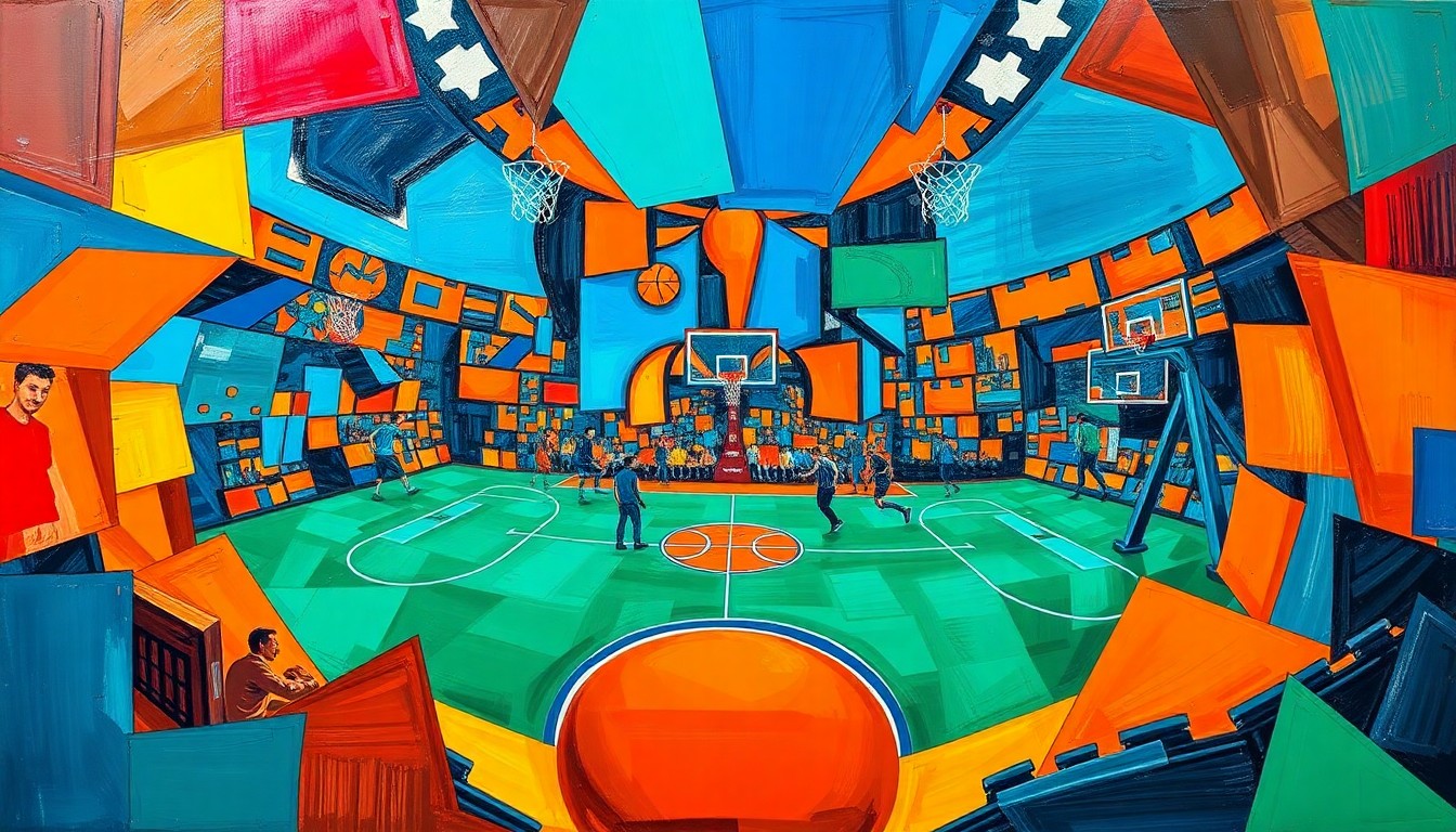 A fractured, cubist-style painting depicting a basketball player in motion, with sharp, overlapping geometric shapes in vibrant colors like deep blue, fiery orange, and emerald green, conceptually representing the multi-faceted nature of DeGroot's game.