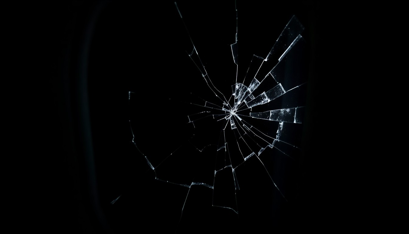 An extreme close-up photograph of a cracked airplane window against a pitch-black background, lit by a harsh, direct camera flash, conceptually representing the disruption and fear caused by a passenger's false bomb threat.