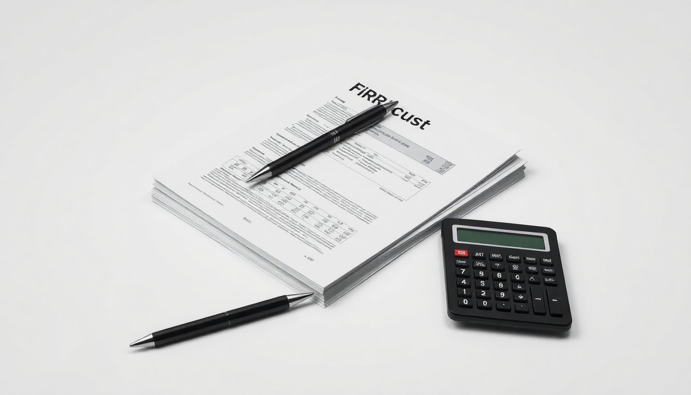 A high-end, photorealistic studio still-life photograph featuring a stack of financial reports, a pen, and a calculator arranged elegantly on a clean, white seamless background, conceptually representing the abstract concepts of corporate finance, risk management, and institutional stability.