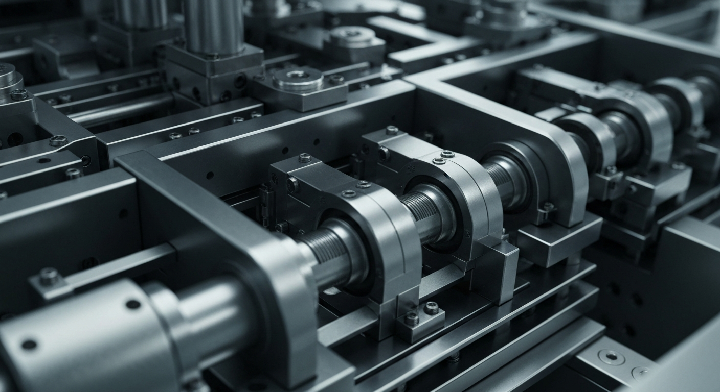 A close-up view of the intricate inner workings of a semiconductor fabrication machine, with a focus on the precision engineering and heavy industrial components that power the production of advanced memory and storage technologies.
