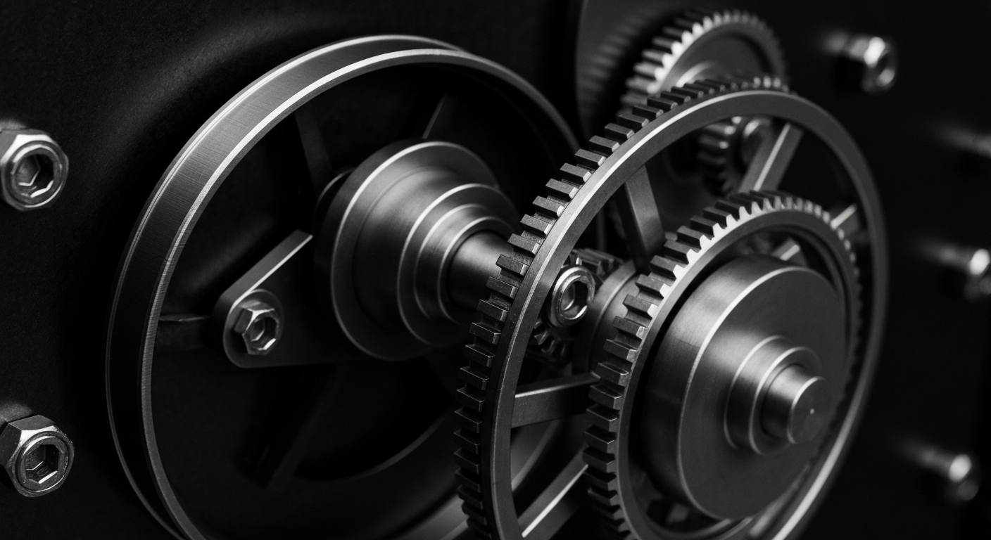 A high-contrast, cinematic close-up of the gears, levers, and mechanisms of a banking vault, conveying the power and stability of the regional banking industry.
