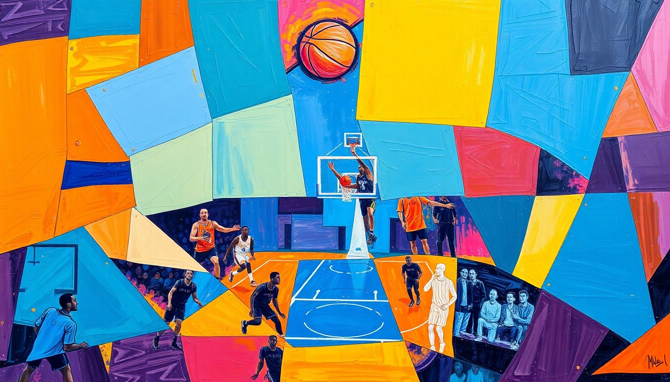 A cubist, geometric painting depicting a basketball game in motion, with the players and court broken down into sharp, overlapping shapes and planes of vibrant colors.