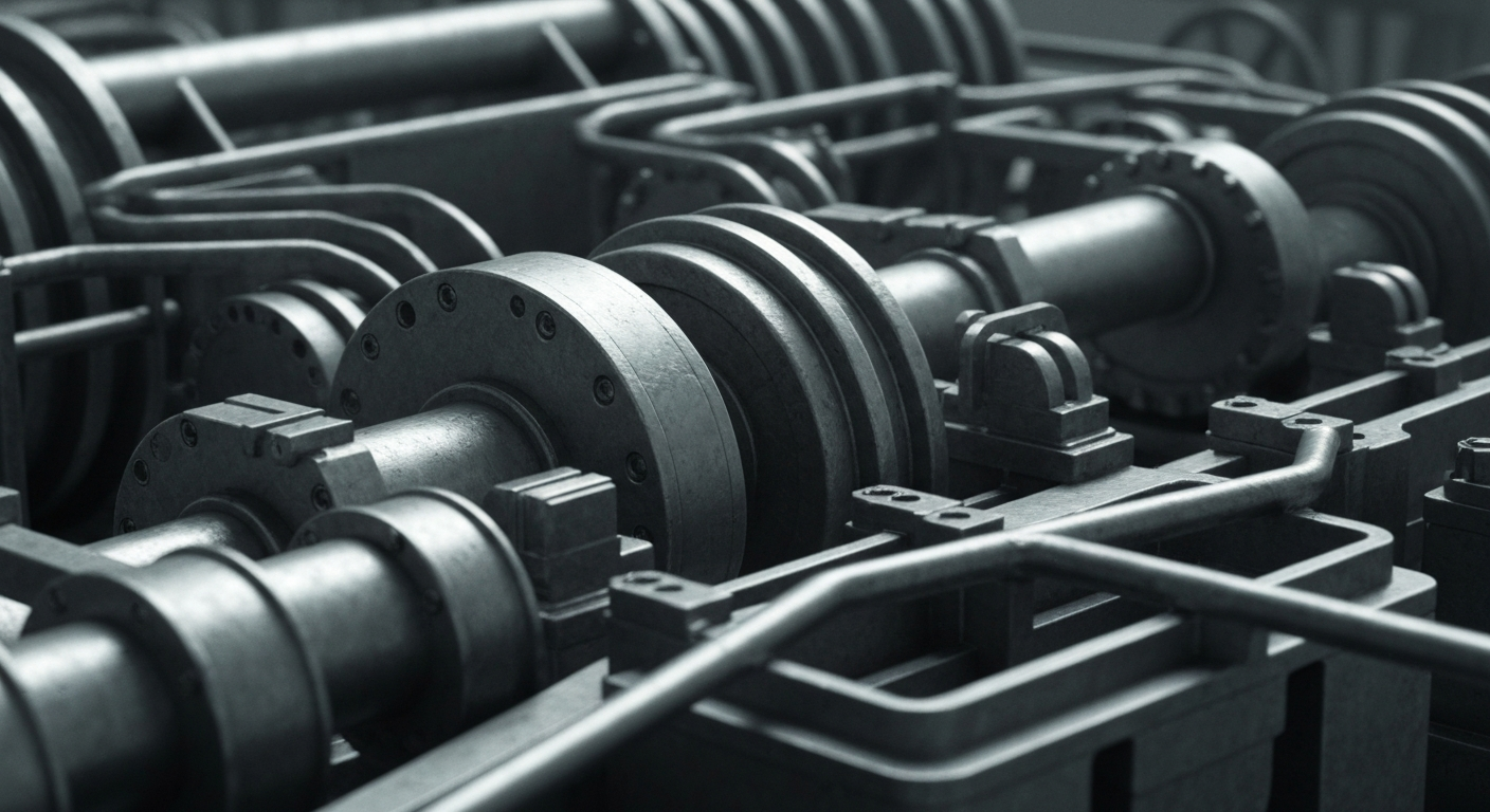 An extreme close-up of the gears, valves, and pipes of an industrial machine, representing the behind-the-scenes financial infrastructure supporting major industrial companies.