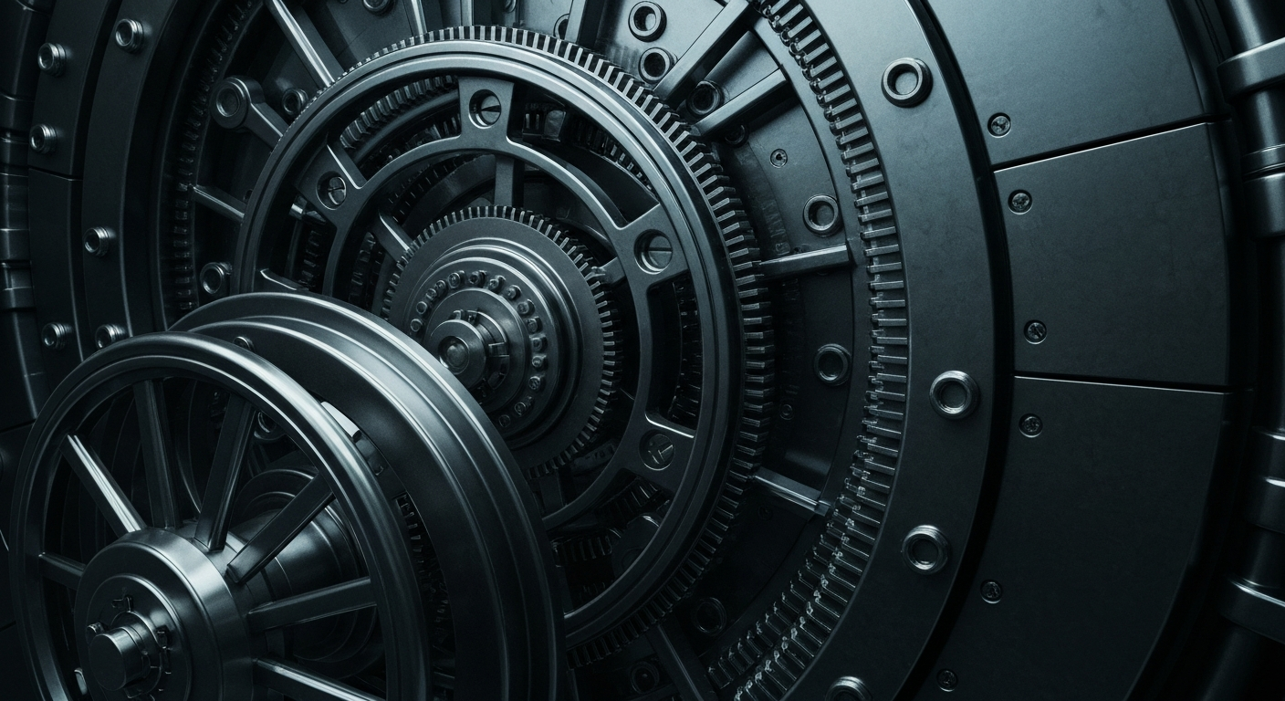 An extreme close-up of the heavy, industrial machinery and mechanisms that power a high-security banking vault, conveying the robust financial infrastructure and institutional backing behind Netflix's streaming business.