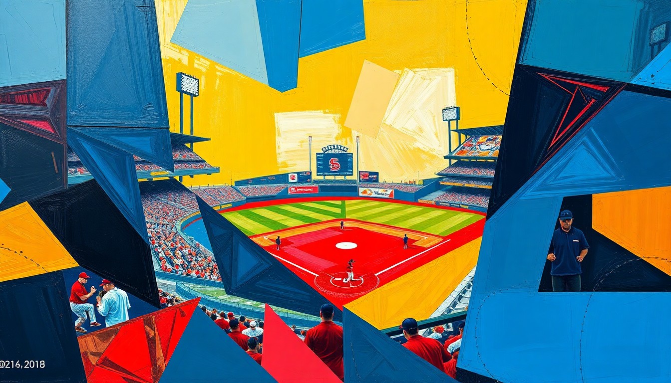A cubist-style painting featuring overlapping geometric shapes in navy blue, cardinal red, and gold, representing the dynamic action of a college baseball game.