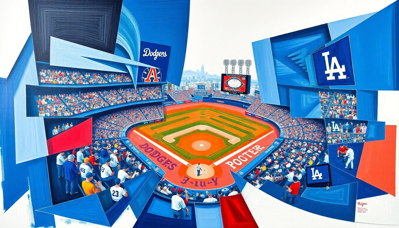 A fragmented, geometric painting depicting a Dodgers baseball game, with sharp planes of blue, red, and white representing the action on the field.