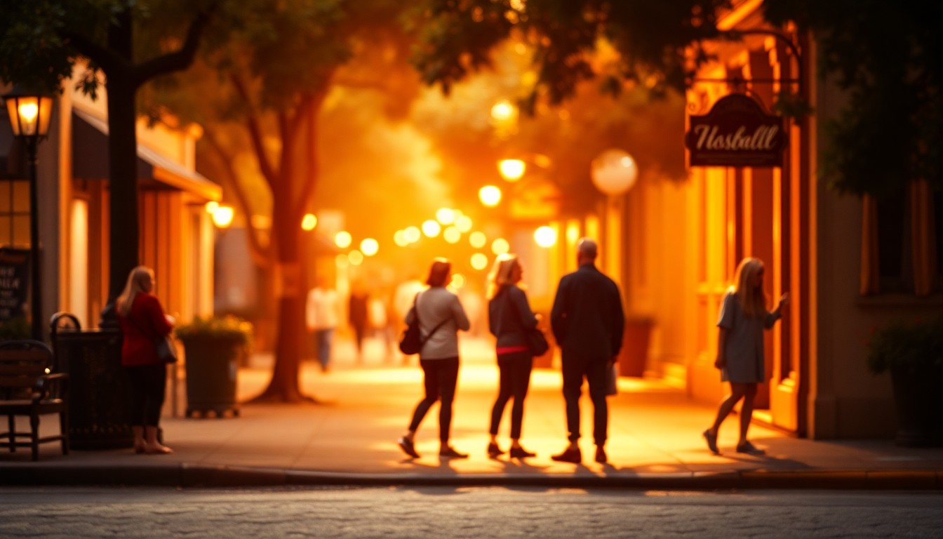 An extremely abstracted, out-of-focus photograph of a group of people conversing on a Savannah street corner, with warm pools of light and color creating a dreamlike, intimate atmosphere that captures the essence of the city's community and shared humanity.