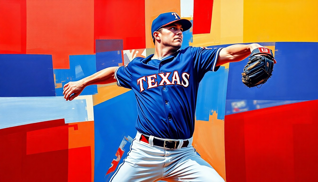 A fractured, cubist-style painting depicting the explosive motion and power of Nolan Ryan's pitching delivery, with sharp geometric planes in vibrant colors representing the Texas Rangers uniform.