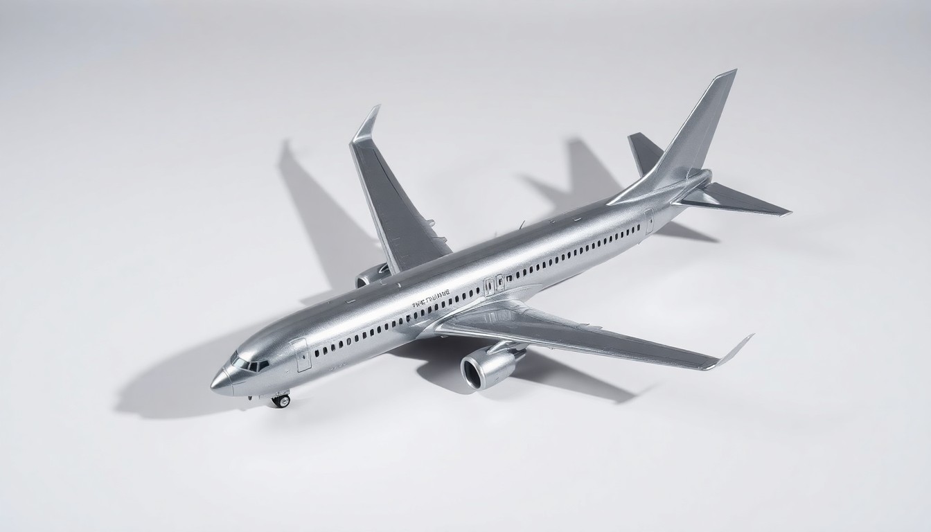 A high-end, photorealistic studio still-life photograph featuring a polished, metallic model of a Boeing 737 aircraft resting on a clean, monochromatic background, conveying the precision and premium quality of the company's commercial airliners.