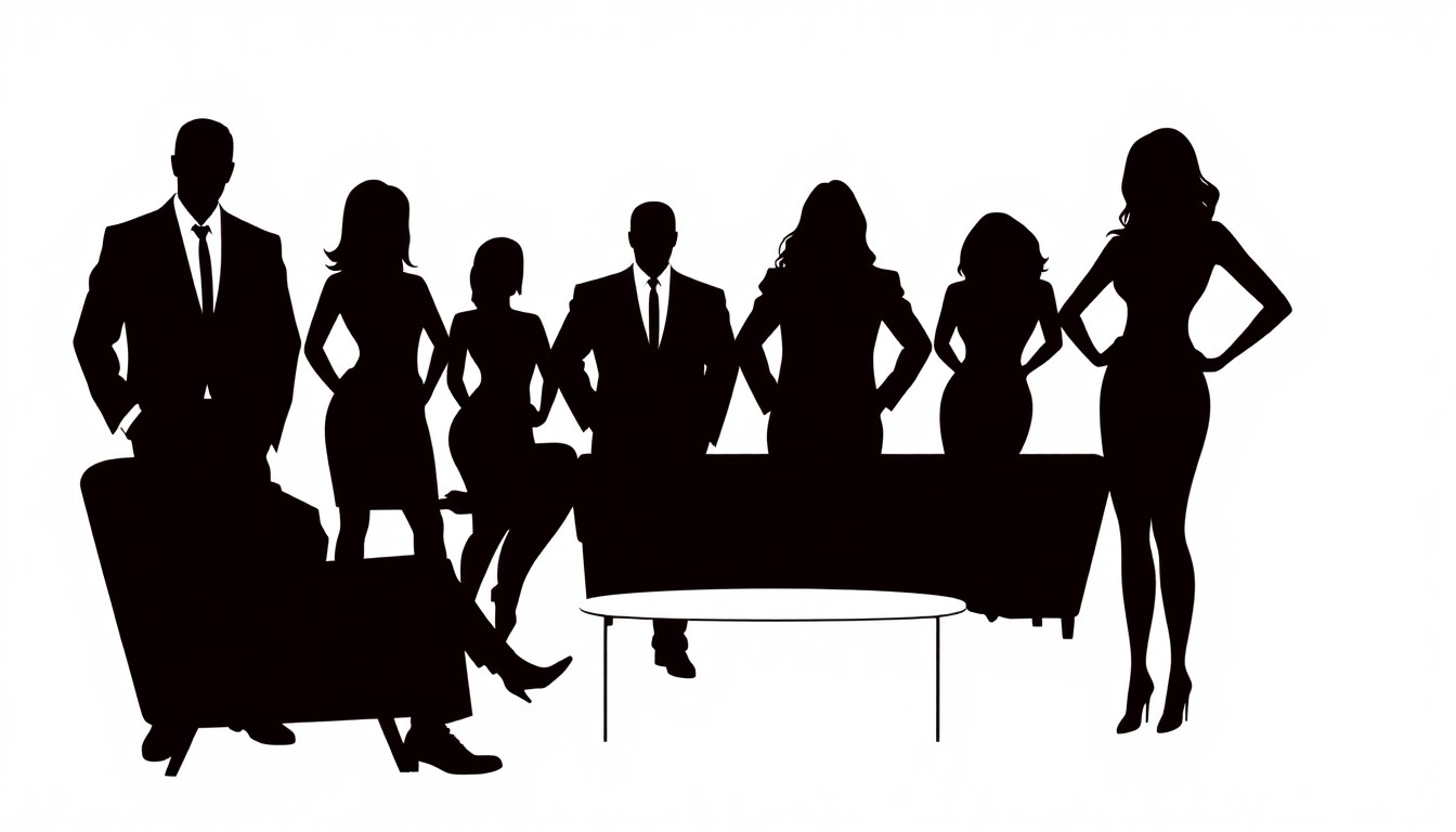 A bold, abstract composition of jagged geometric shapes and solid colors, conceptually representing the drama and glamour of a reality TV show without using any literal imagery.