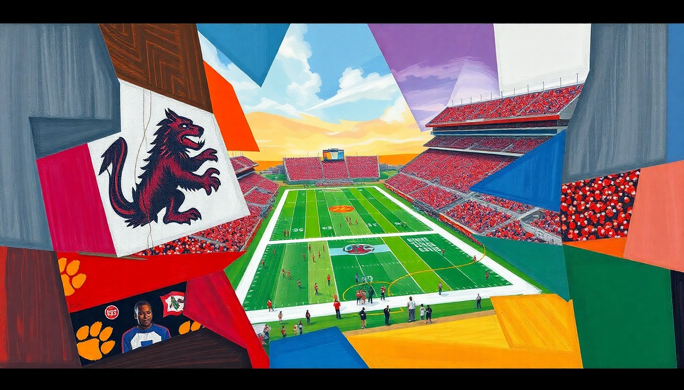 A cubist, geometric painting depicting a fragmented, multi-angled view of a college football game, with the sharp planes of the field, players, and stadium rendered in the official colors of the University of South Carolina and Clemson University.