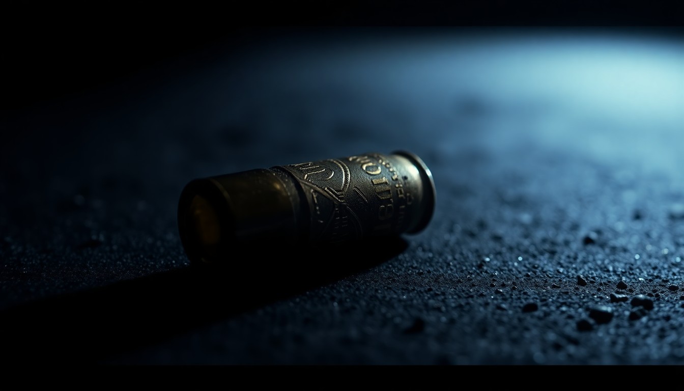 An extreme close-up of a single spent shell casing on a dark surface, the harsh flash illuminating the metallic texture and creating a stark, gritty aesthetic that conveys the serious, investigative nature of the crime scene.