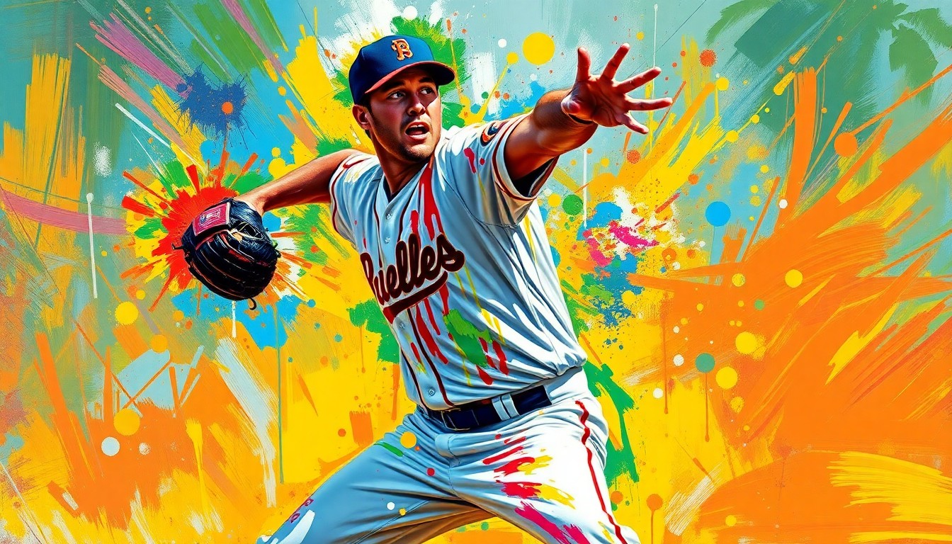 An abstract, energetic painting in neon colors depicting the chaotic motion and emotion of a struggling minor league pitcher on the mound, with his features and uniform blurred into expressive brushstrokes.