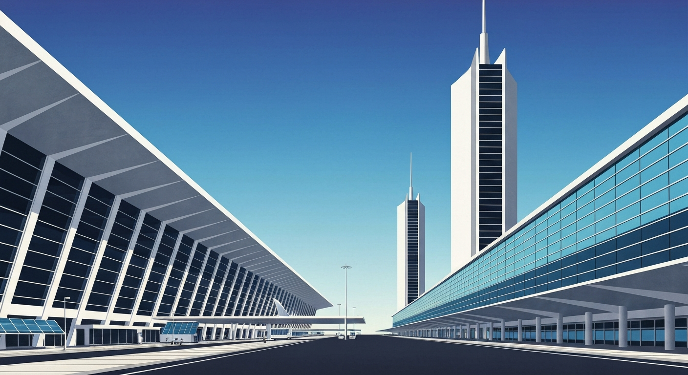 A bold, geometric illustration in the Art Deco style, depicting the sweeping, monumental architecture of a major airport terminal with sleek, streamlined forms and a sense of grandeur, capturing the renewed operations at Philadelphia International Airport.