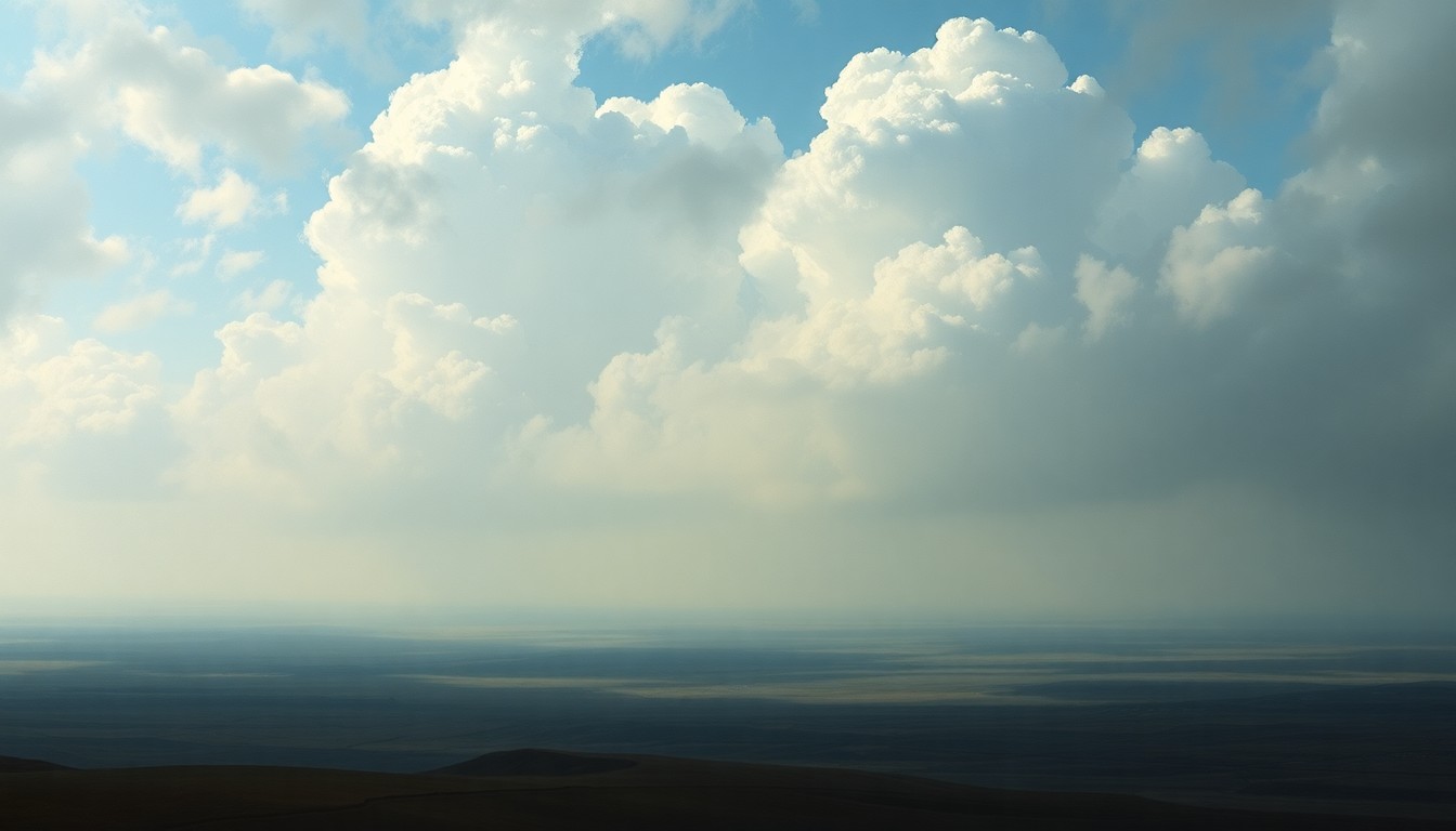 A sweeping, atmospheric landscape painting in muted tones of grey, blue, and green, with a dramatic cloudy sky and a distant horizon line that dwarfs any visible physical structures or objects.
