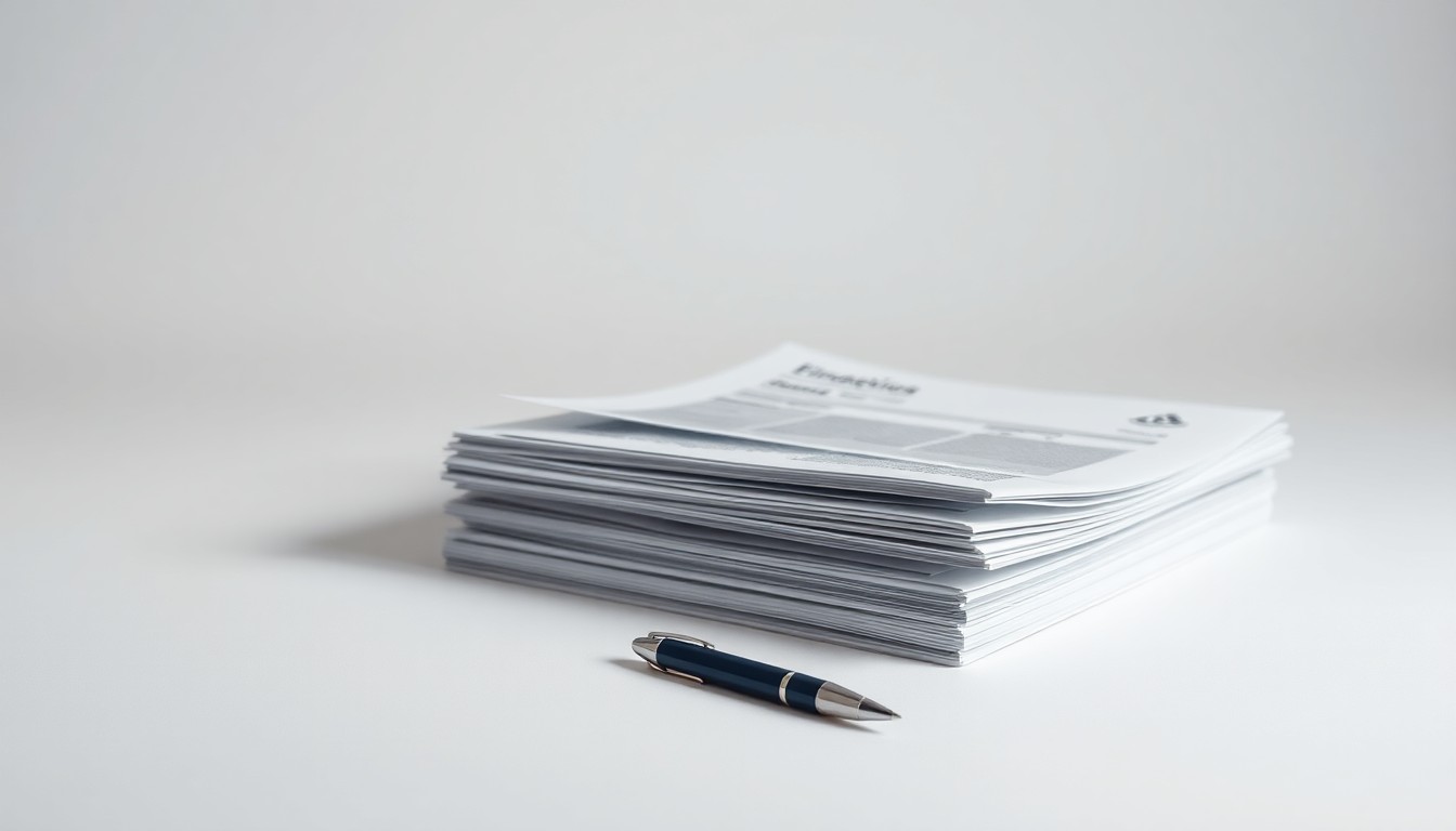 A photorealistic studio still-life featuring a stack of financial reports and a pen on a clean, monochromatic background, conceptually representing the abstract ideas of corporate strategy, finance, and risk.