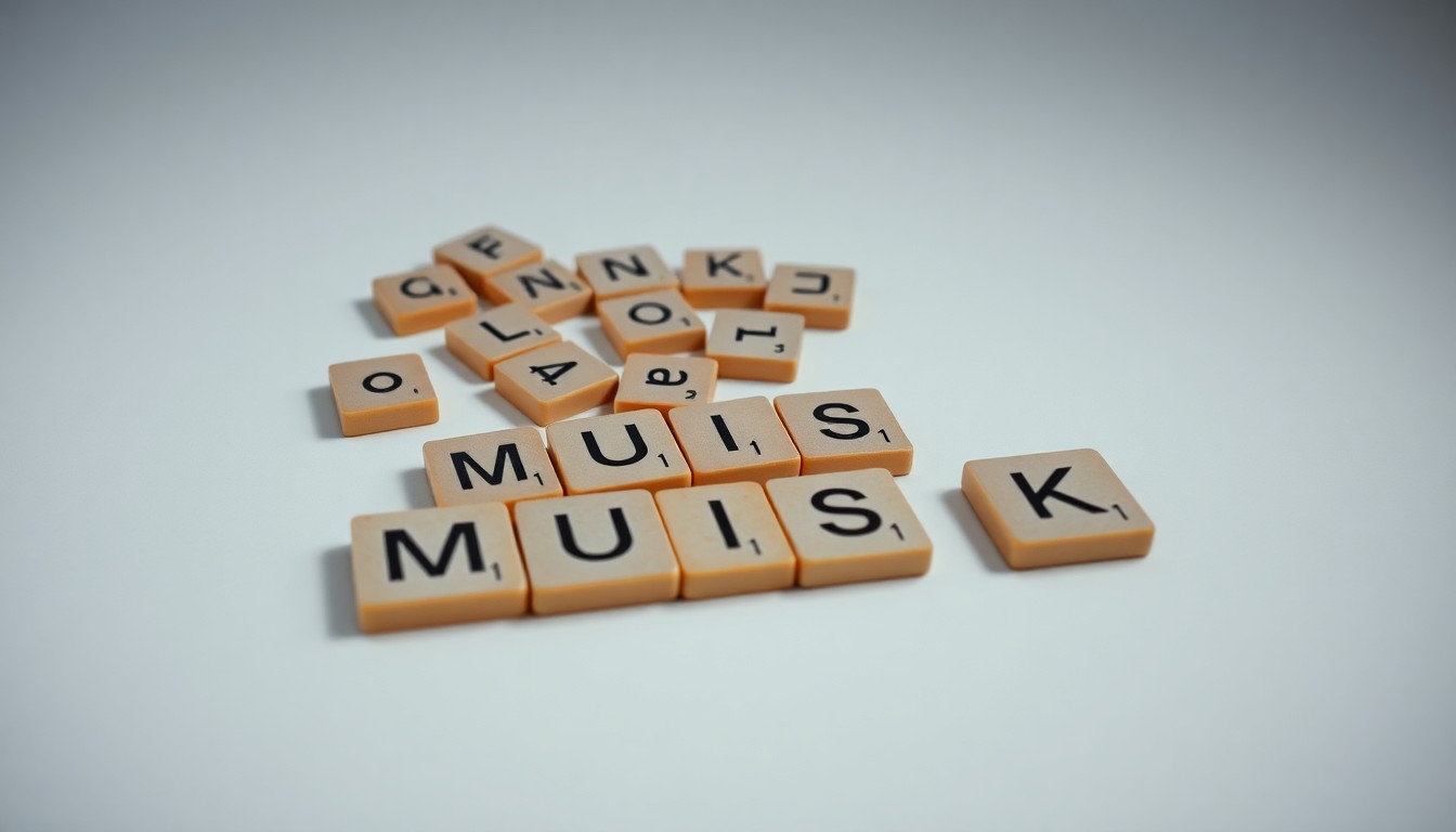 A conceptual studio still life photograph featuring a handful of Scrabble tiles spilled out on a clean, monochromatic background, with the tiles arranged to spell out 'MUSK'. The tiles are lit dramatically with sharp shadows, representing the high-stakes legal battles and tensions surrounding Elon Musk and the Delaware Chancery Court.