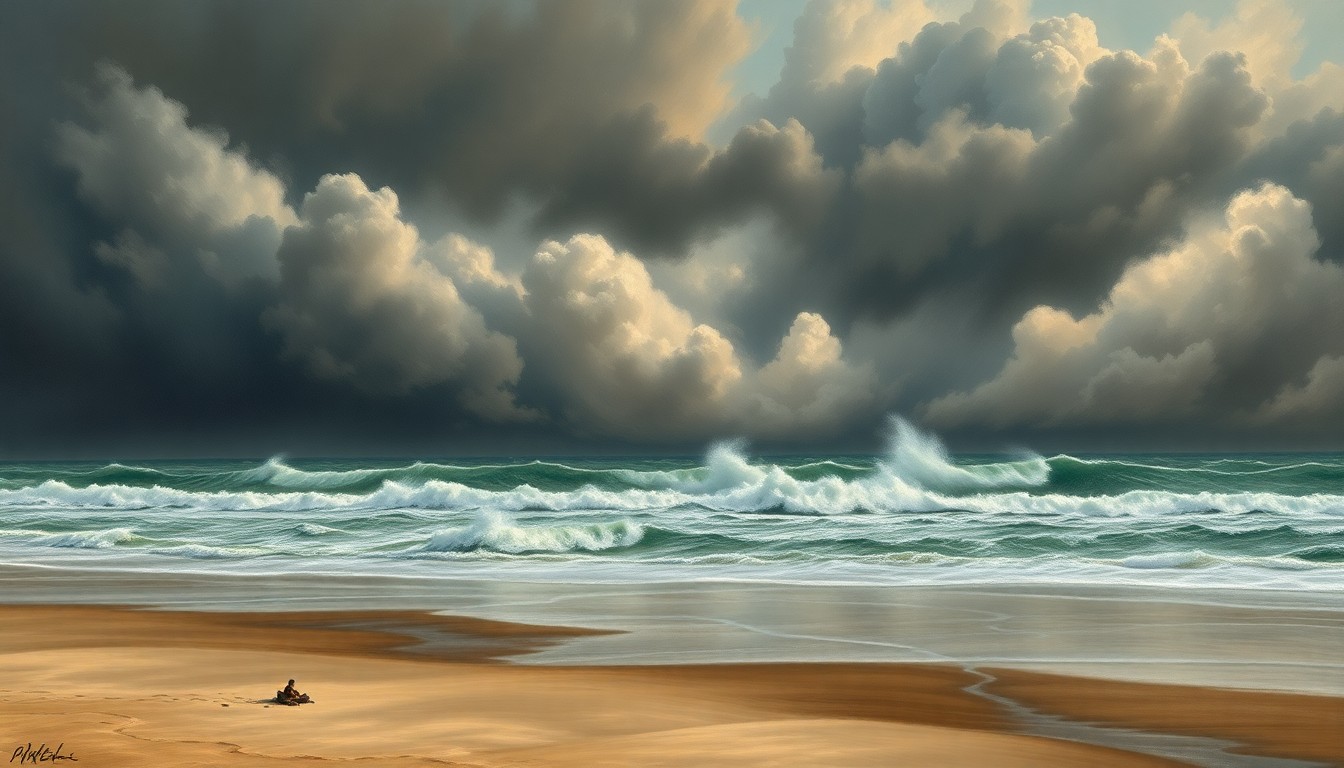A sweeping, atmospheric landscape painting depicting a stormy beach scene with crashing waves and ominous clouds, conveying the overwhelming, sublime scale of the natural forces at play.