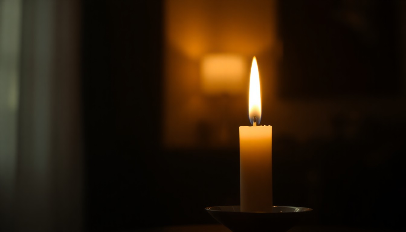 An abstract, out-of-focus image of a single memorial candle flickering in a dimly lit room, its warm glow reflected in the blurred background, conveying a sense of quiet contemplation and reverence.