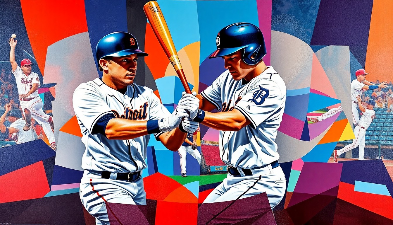 A fractured, geometric painting depicting a baseball player's batting motion, with sharp planes of color representing the Detroit Tigers and West Michigan Whitecaps uniforms.