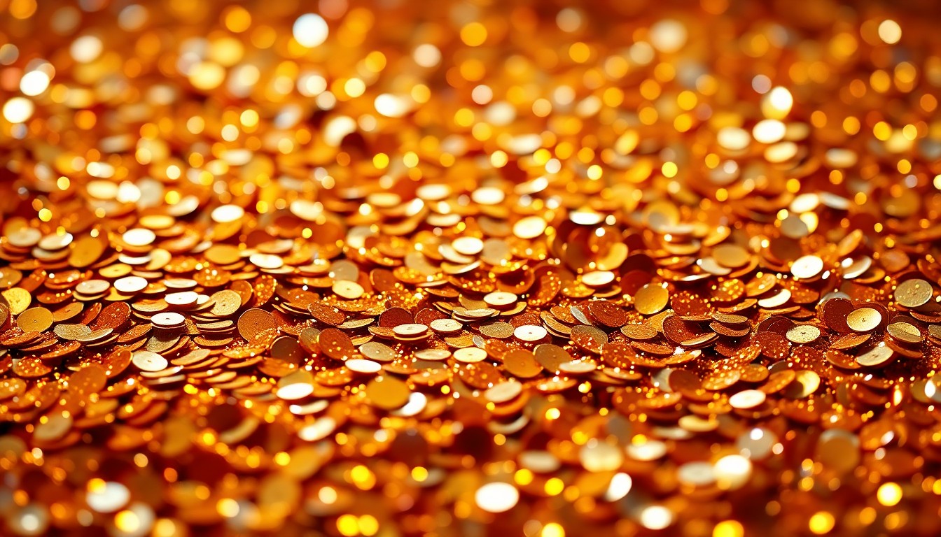 An extreme close-up photograph of shimmering gold and bronze sequins, capturing the luxurious textures and high-contrast lighting associated with classic game show glamour.
