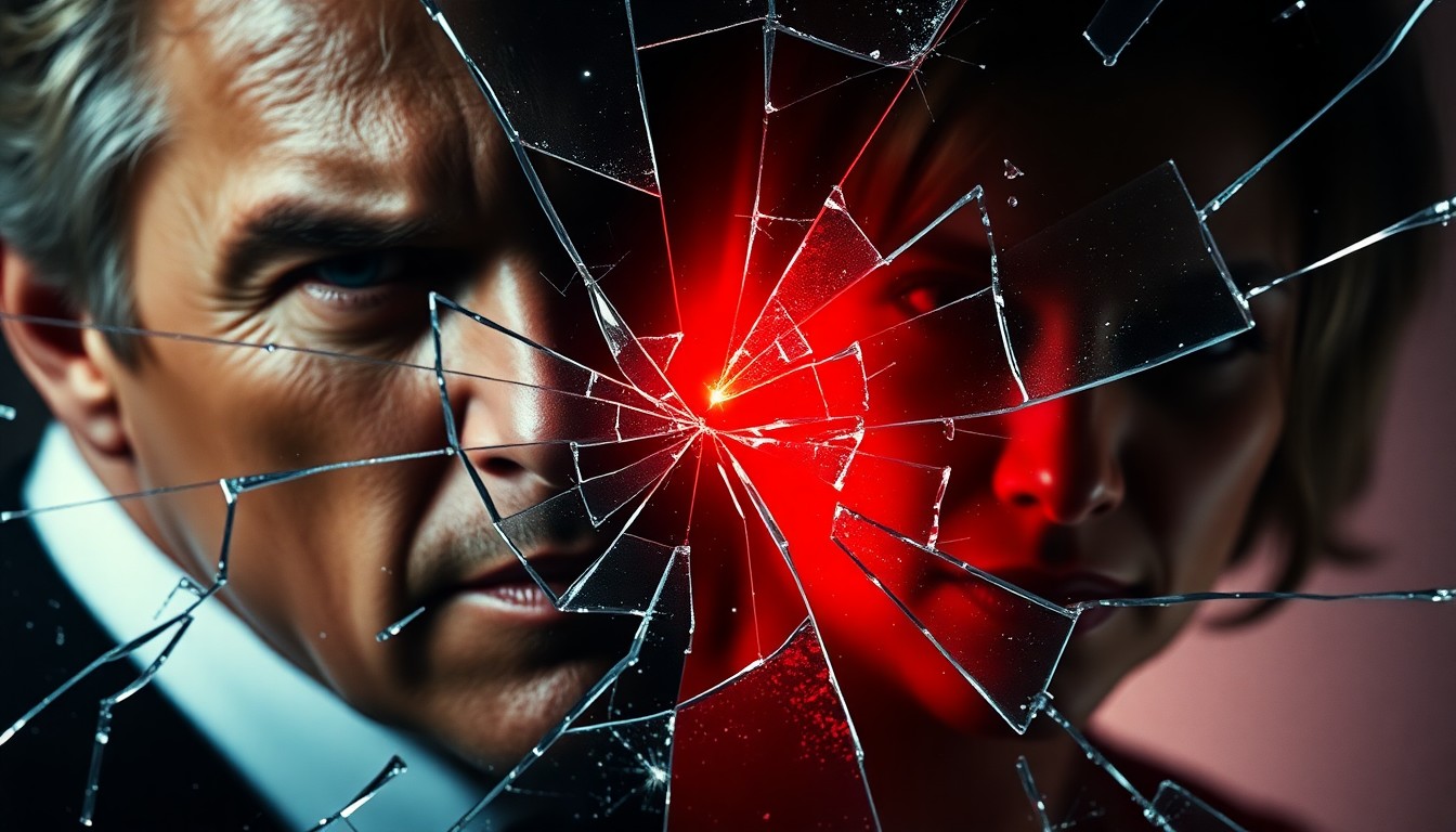 An extreme close-up of shattered glass reflecting a faint red light, conceptually illustrating the tension and conflict between the two Hollywood stars involved in this legal dispute.