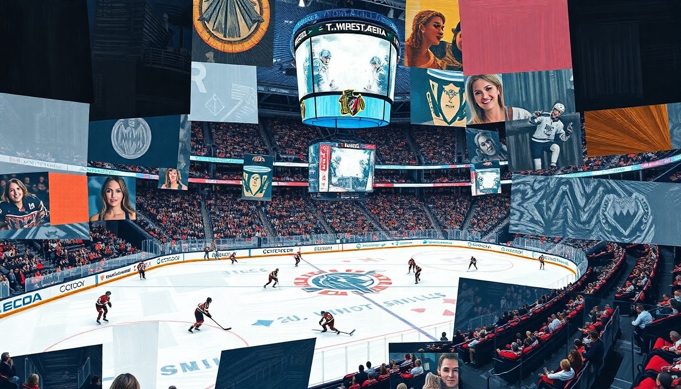 A fragmented, geometric painting depicting a hockey game at T-Mobile Arena, with the ice surface broken into sharp, overlapping planes of color and texture, conceptually representing the ice issues that caused a delay.