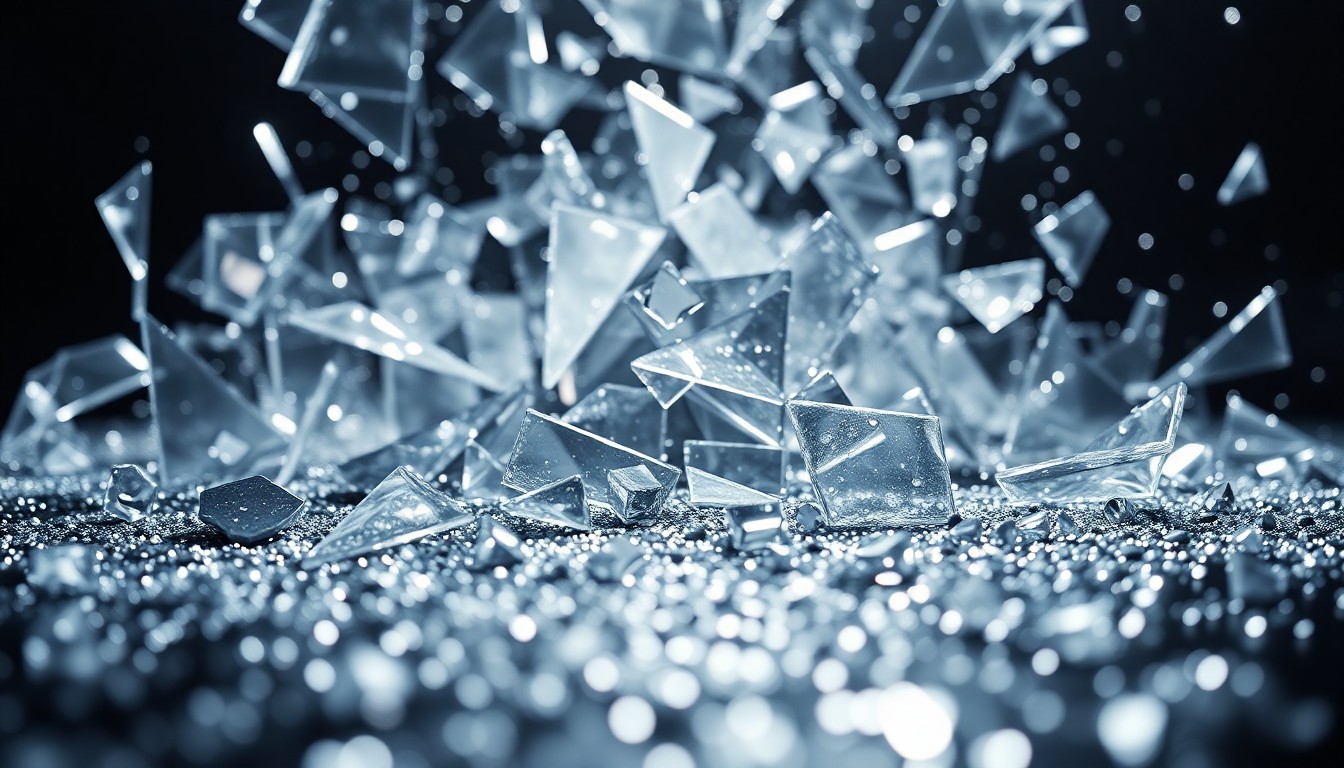 An abstract close-up photograph featuring shattered glass and glittering sequins in high-contrast studio lighting, conveying a sense of Hollywood glamour and drama without depicting any specific objects or people.