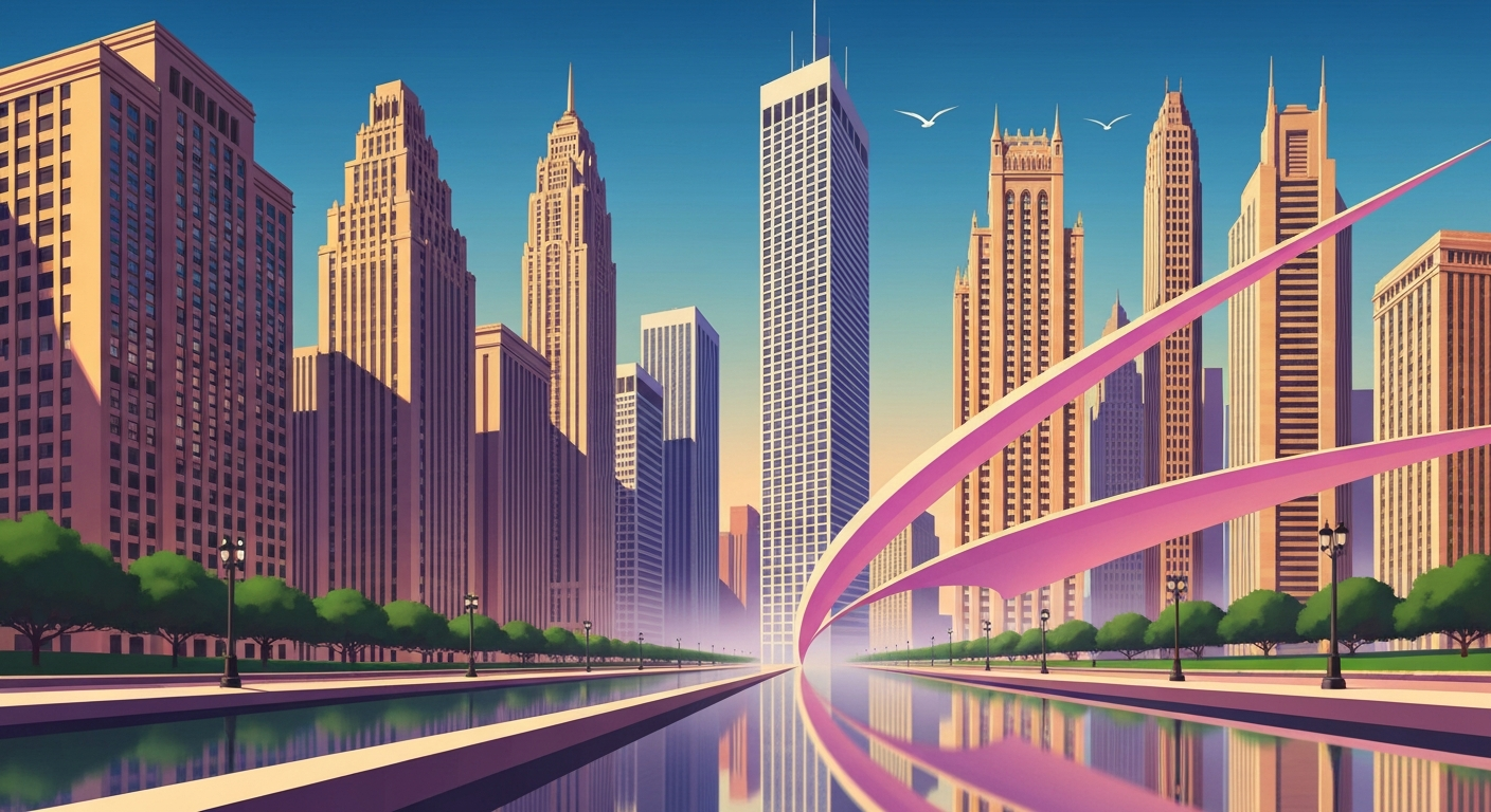 A highly stylized, geometric illustration depicting the towering skyscrapers and landmarks of downtown Chicago, rendered in a bold, Art Deco-inspired visual style that captures the grand scale and romance of travel.