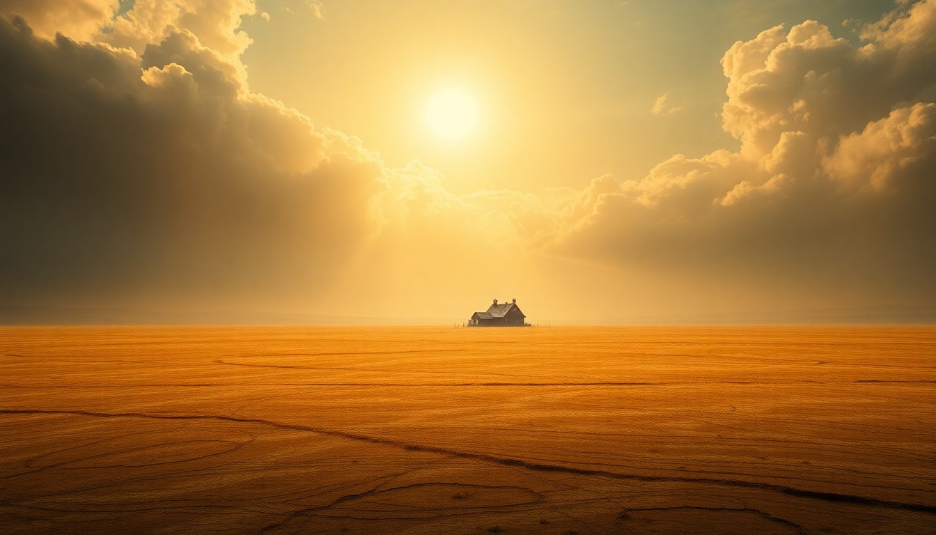 A vast, atmospheric landscape painting in muted earth tones, with a lone farmhouse in the distance dwarfed by the overwhelming scale of the natural environment, conveying a sense of the relentless power of drought.
