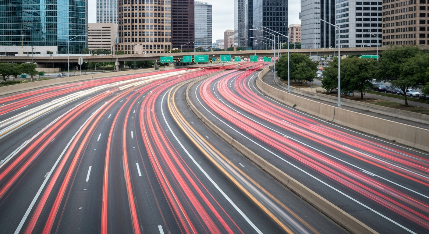 An abstract, colorful image with sweeping, blurred lines representing the motion and congestion of traffic on a busy highway in downtown Houston, conceptually illustrating the disruptions caused by the ongoing I-45 construction project.