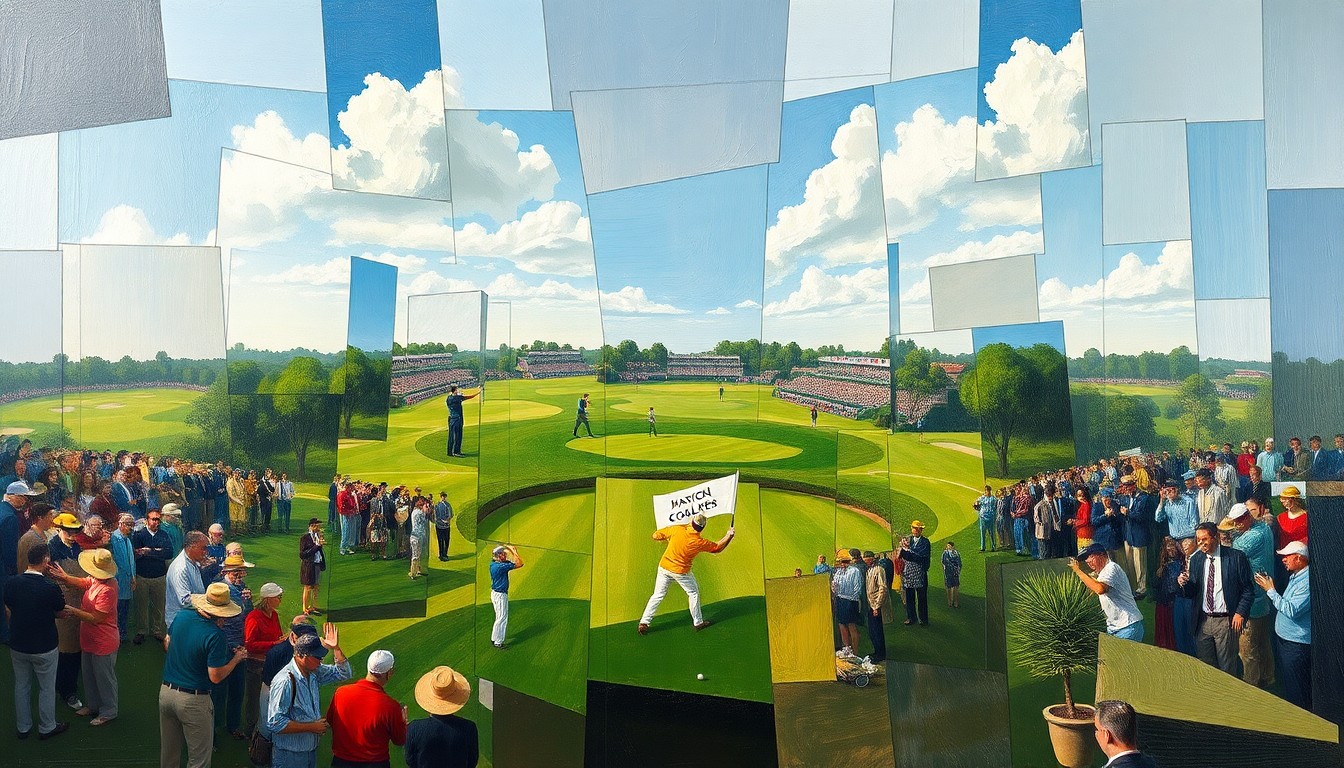 A cubist, geometric painting depicting a fractured, multi-angled view of a golf tournament scene, with players and the course rendered in sharp, overlapping planes of color.