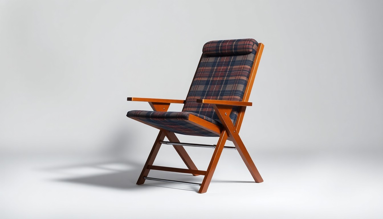 A photorealistic studio still-life photograph of a sleek, folding chair with a tartan plaid pattern, arranged elegantly on a clean, monochromatic background, conceptually representing the versatility and premium quality of the JASIWAY Sleeper Sofa Chair.