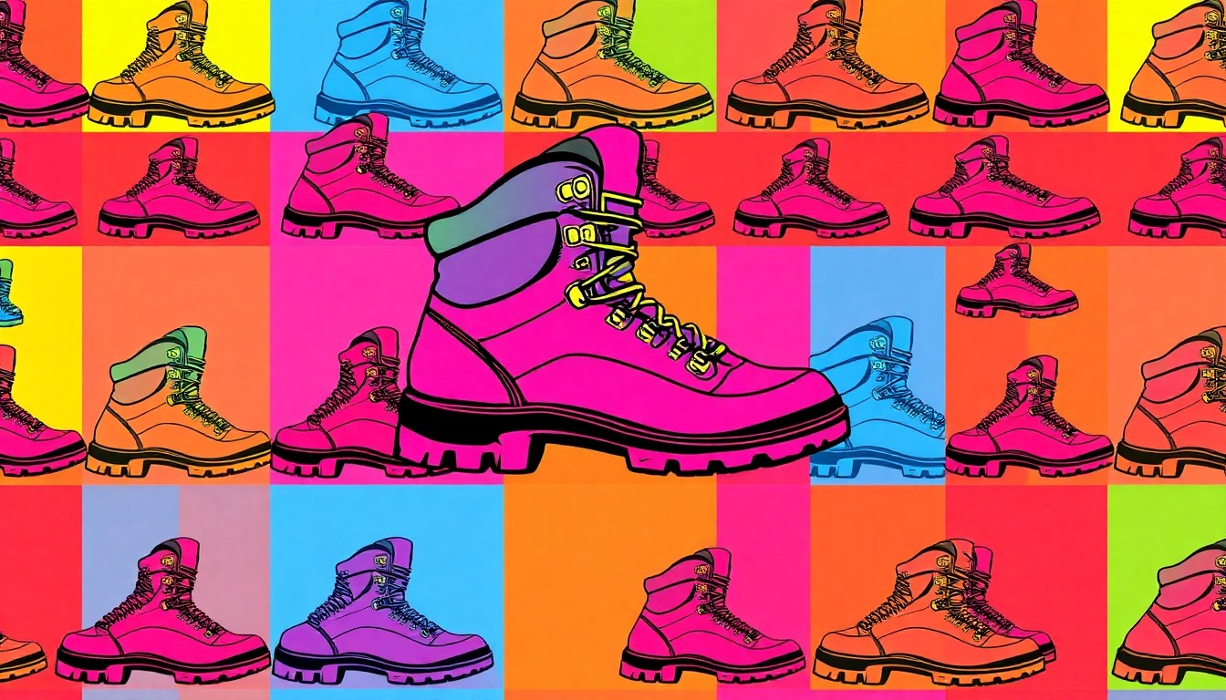 A bold, colorful silkscreen print featuring a repeated image of a hiking boot in vibrant neon shades, conceptually representing the active outdoor recreation opportunities of the new Godsey Ridge Trail System.