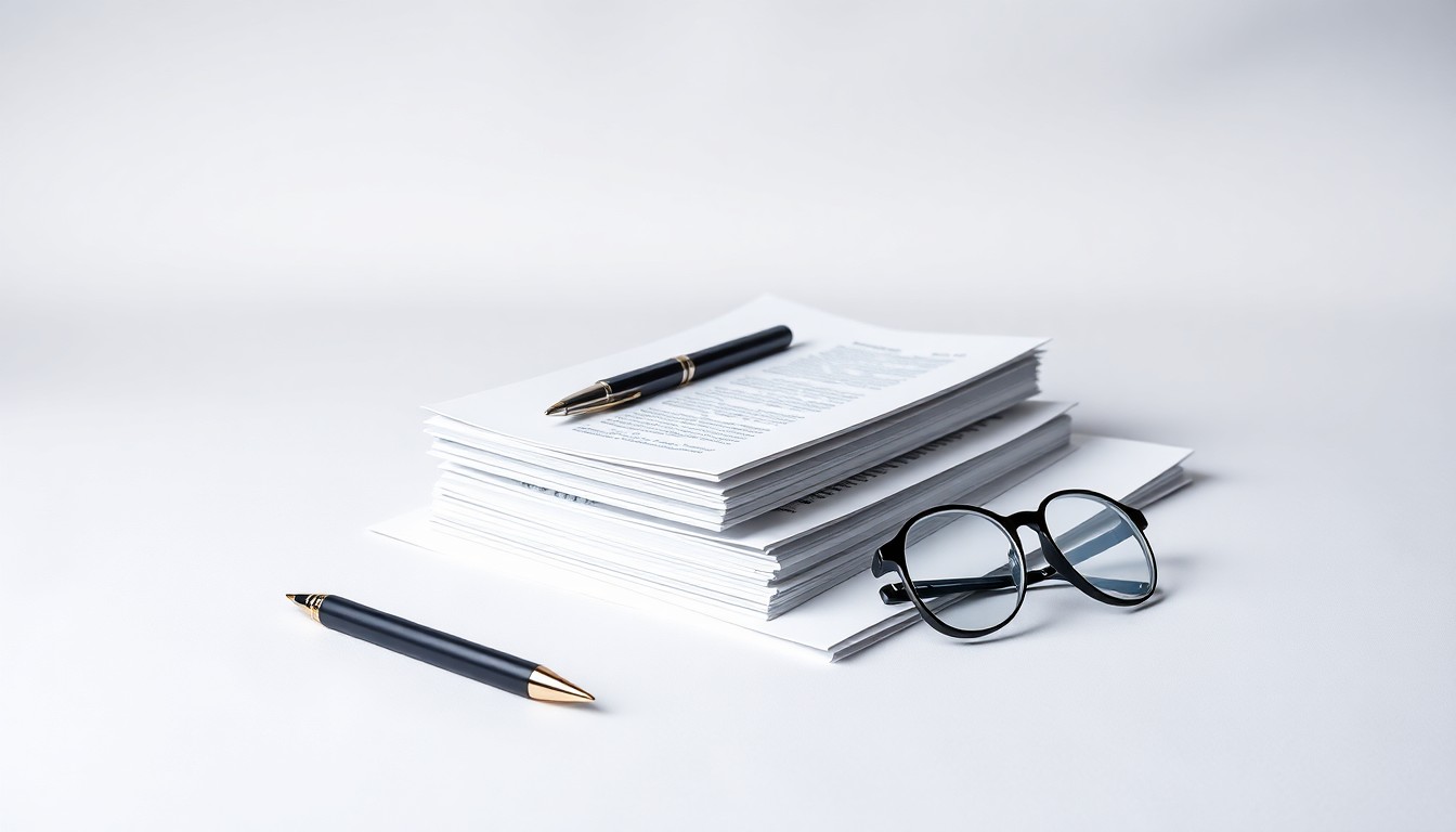 A high-end, photorealistic studio still-life photograph featuring a stack of official-looking documents, a pen, and a pair of reading glasses arranged elegantly on a clean, monochromatic seamless background, conceptually representing the abstract corporate governance of a publicly traded real estate investment trust.
