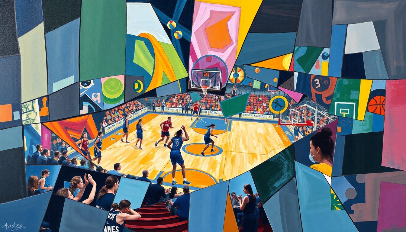 A cubist, geometric painting depicting a fragmented, multi-perspective view of a women's basketball game, with the competing teams' uniforms visible through the overlapping planes of color and shape.