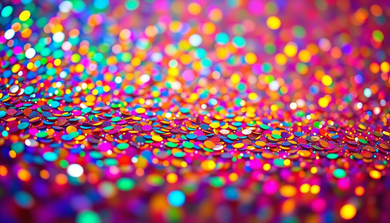 An abstract close-up photograph of shimmering, multi-colored sequins, conveying the glamour and energy of a major music festival.