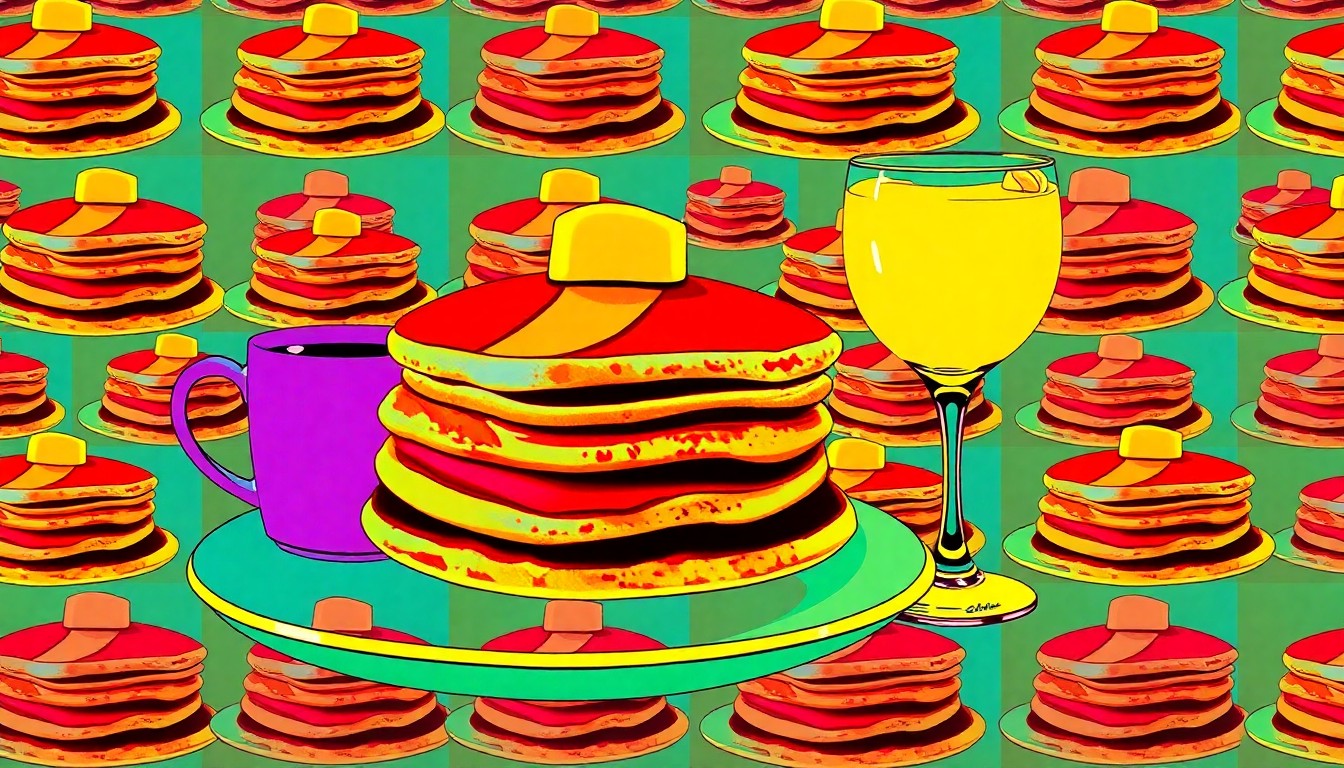 A vibrant, high-contrast silkscreen print featuring a repeating grid of brunch items like pancakes, coffee, and mimosas, conceptually representing the variety of underrated brunch options in Milwaukee.