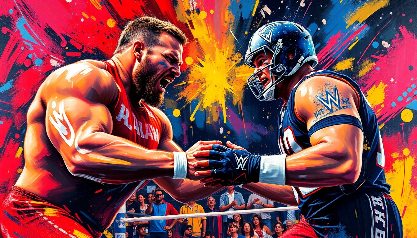 An abstract, energetic painting featuring bold, neon-colored brushstrokes that capture the dynamic movement and intensity of a wrestling match, conveying the conceptual clash between an NFL player and a WWE superstar.