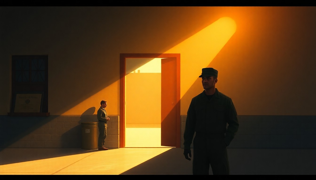 A solitary military service member standing in the doorway of a plain, unidentifiable military building, the scene bathed in warm, cinematic lighting and deep shadows, conceptually representing the complex issues surrounding the new policy allowing personal firearms on bases.