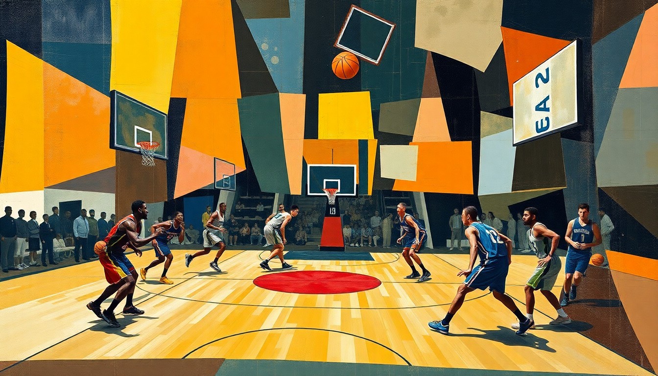 A cubist, geometric painting depicting a basketball game or match, with the players and court broken down into abstract shapes and planes of color, capturing the dynamic energy of the sport.