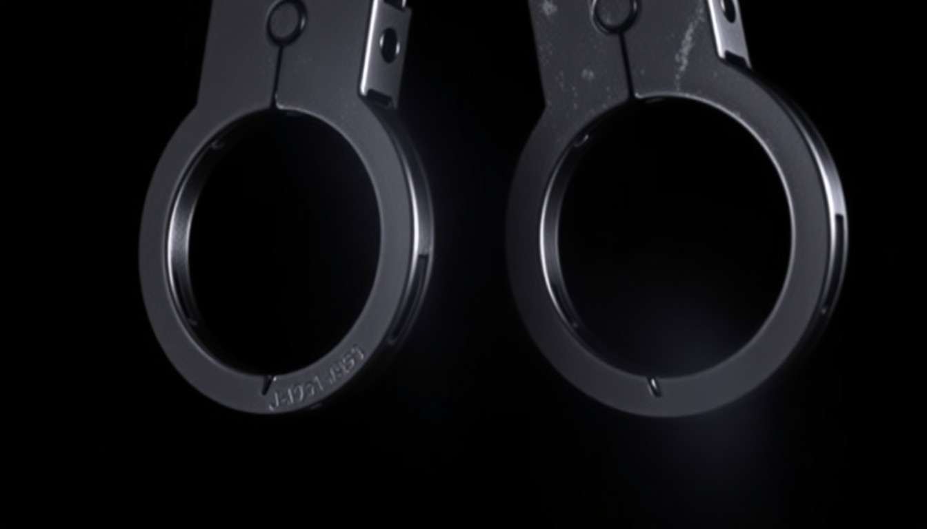An extreme close-up photograph of a pair of handcuffs against a pitch-black background, lit by a harsh, direct camera flash, conceptually representing the arrest of a criminal suspect.
