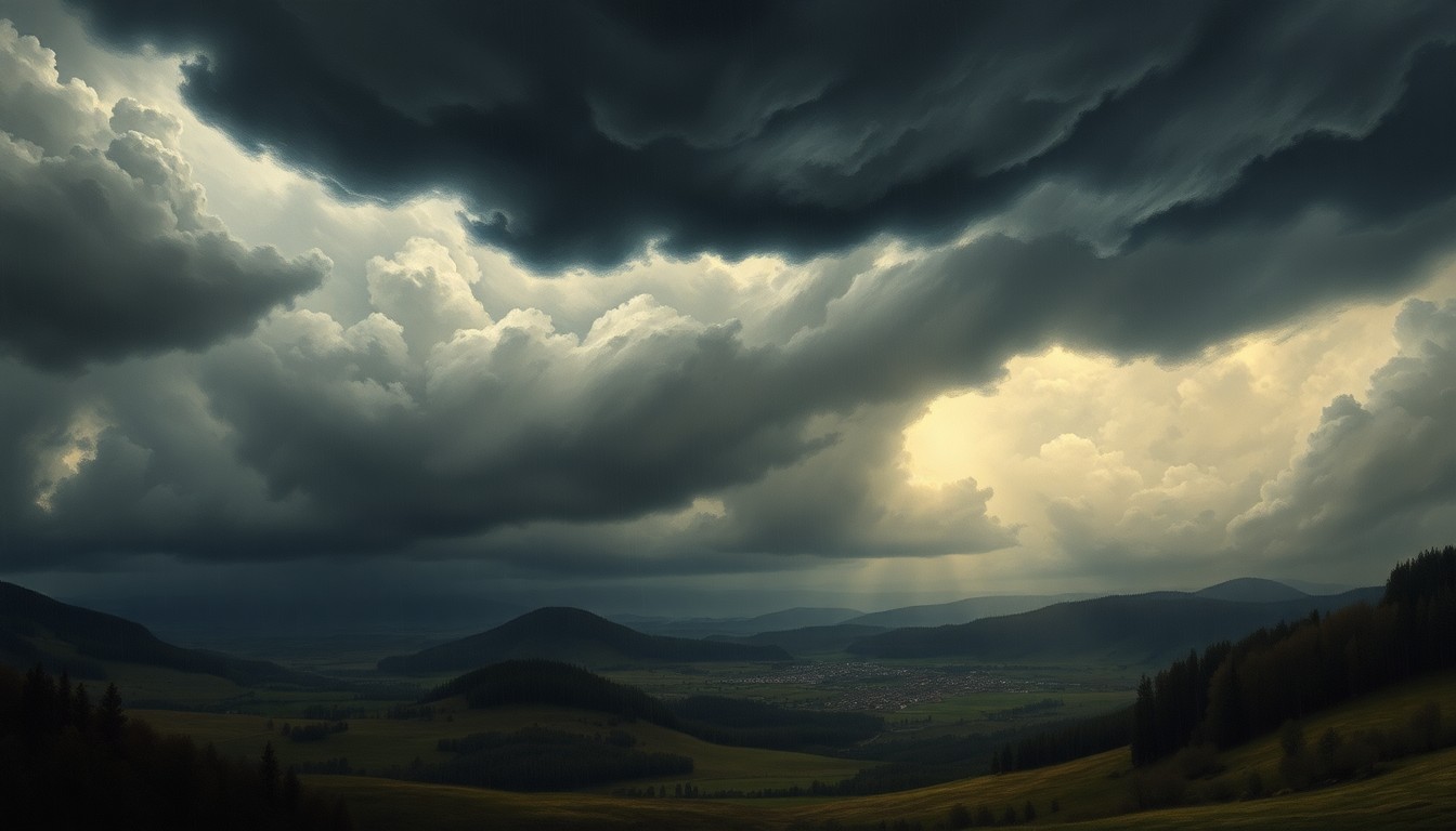 A sweeping, atmospheric landscape painting in muted tones of gray, blue, and green, depicting a small town dwarfed by a vast, ominous sky filled with swirling clouds and heavy rain, conveying the overwhelming scale and power of an approaching severe thunderstorm.