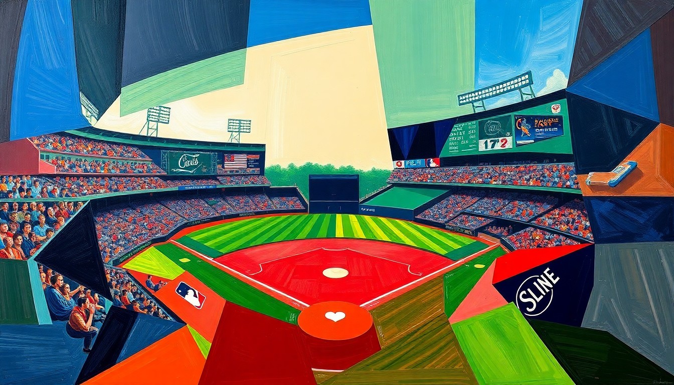 A cubist, geometric painting depicting a baseball game in motion, with overlapping shapes and planes of navy, green, and red conveying the energy and drama of the RidgeYaks' season-opening win.