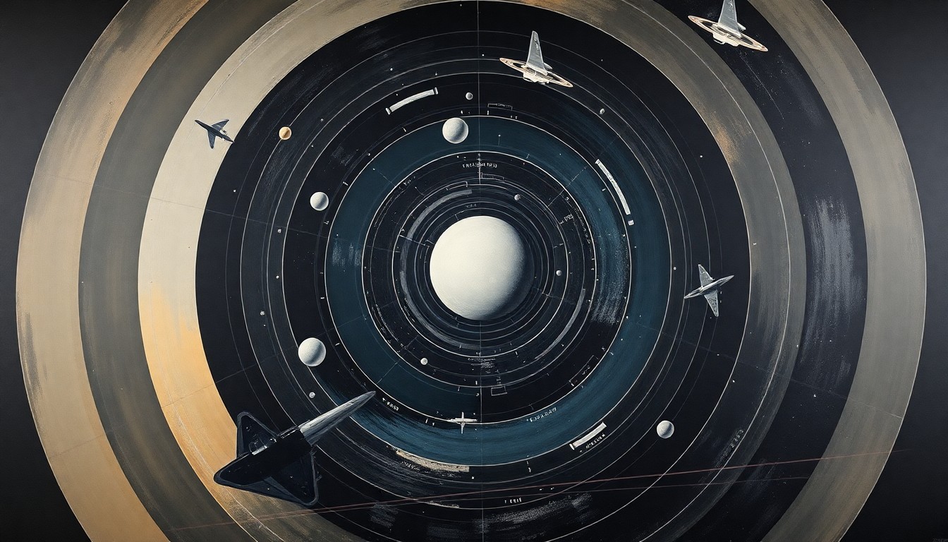 A bold, abstract painting in soft blues, greens, and grays depicting the intricate orbital patterns and scientific forces guiding the Artemis II spacecraft on its path to the moon, conveying the technical complexity and structural order of this historic mission.