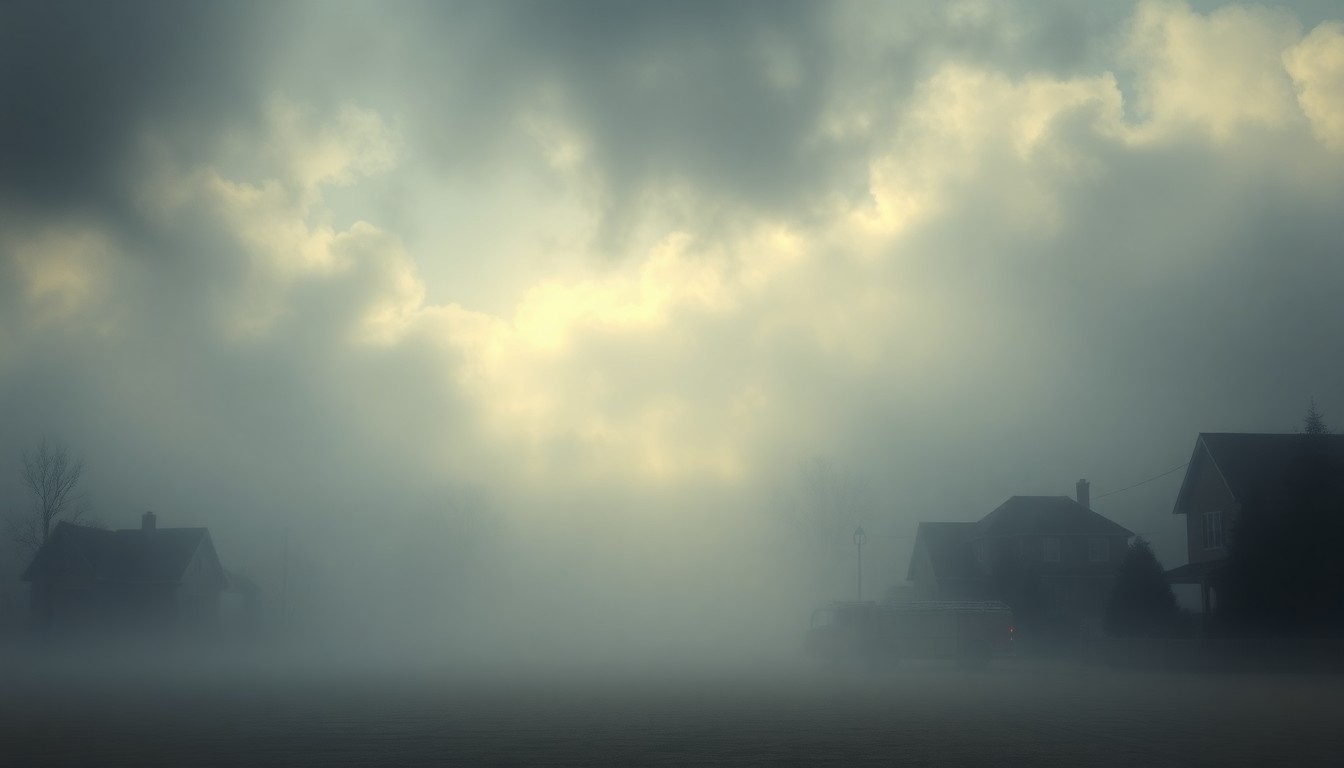 A sweeping, atmospheric landscape painting in muted tones of grey and blue, with a faint outline of a house and fire truck barely visible through the thick fog, conveying the overwhelming scale and power of the natural environment.