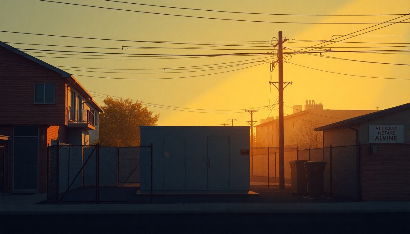 A serene, cinematic painting of a lone electrical substation in a quiet urban neighborhood, with warm sunlight and deep shadows creating a palpable sense of tension and uncertainty.