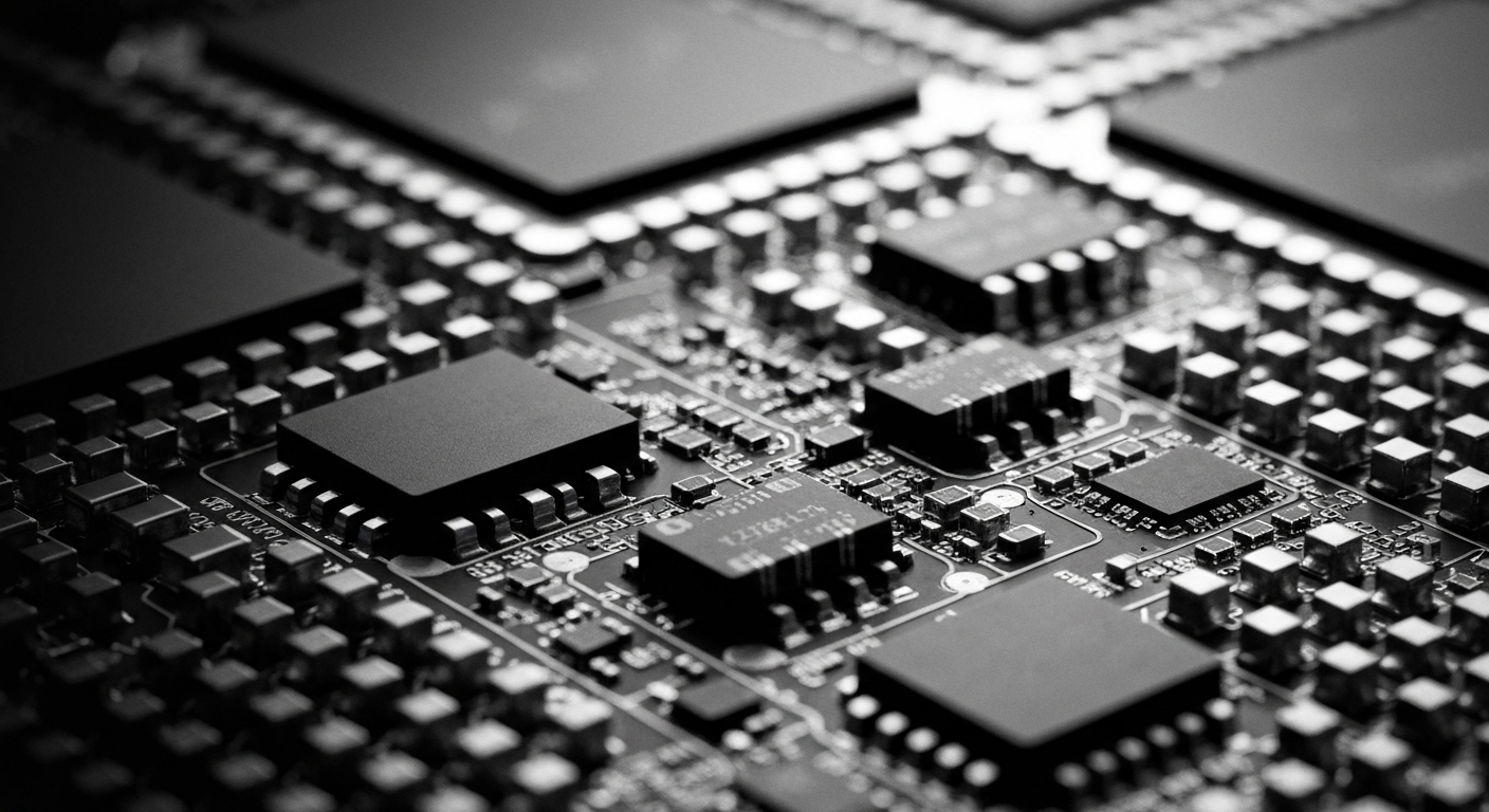 A high-contrast, cinematic close-up image of the intricate inner circuitry of a Qualcomm semiconductor chip, conveying the complex, powerful technology that enables modern wireless communications.