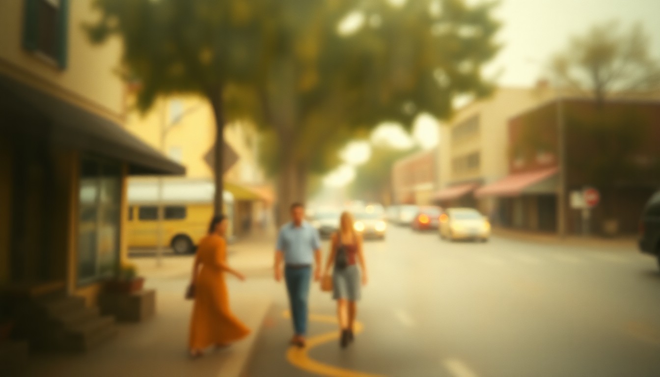 An extremely blurred, impressionistic scene of a small-town main street with a few indistinct figures walking by, conveying a sense of warmth, nostalgia, and the passage of time in a rural Indiana community.